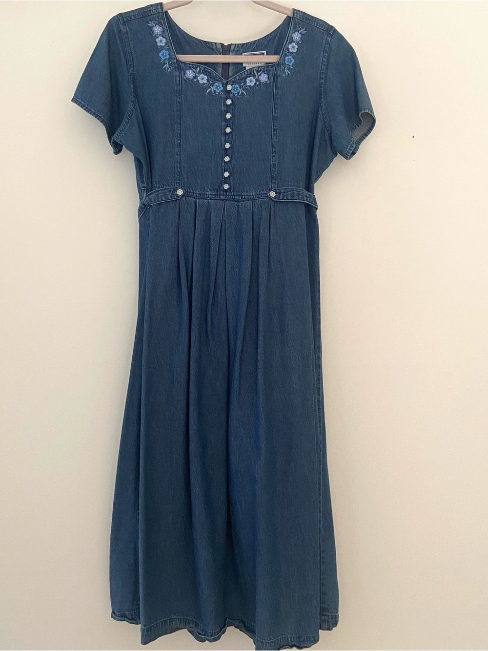 Vtg Erika & Co Denim Maxi Dress Sz L Petite Cottagecore Prairie Embroidered